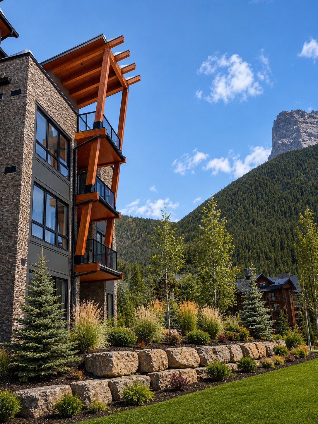 Timber-and-stone building exterior against the peaks